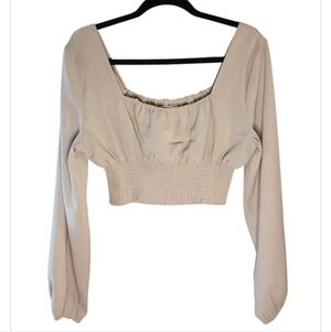 Romwe Beige Cropped Blouse Medium Square Neck Smocked Waist Long Sleeve Y2K Top
